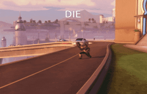 a video game character is running down a road with the word die written above him