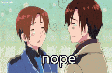a couple of anime characters are standing next to each other and the word nope is on the bottom of the image