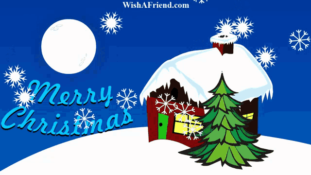 a merry christmas greeting card with a house and tree