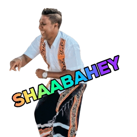 a man wearing a white shirt and black pants is dancing with the words shaabahey written above him