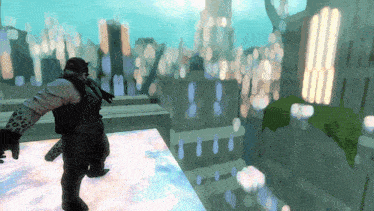 a man with a leopard print on his arm stands on a ledge overlooking a city