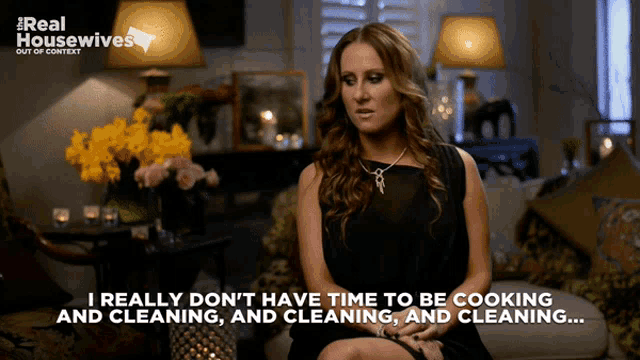a woman sits on a couch in front of a sign that says real housewives out of context