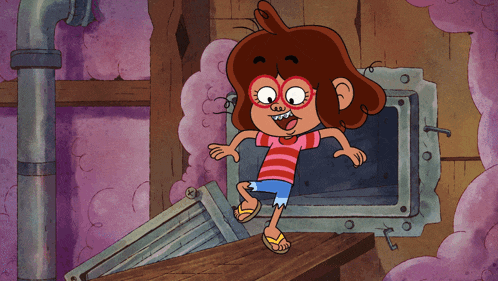 a cartoon girl with glasses and flip flops is standing on a table