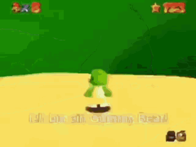 a gummy bear is walking down a dirt road in a video game .