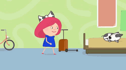 a girl with pink hair is standing next to a dog on a bed .