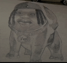 a pencil drawing of a dog with a man 's face on it