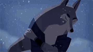 a cartoon fox is sleeping in the snow while holding a person .