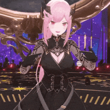 a girl with pink hair and red eyes is wearing a black dress