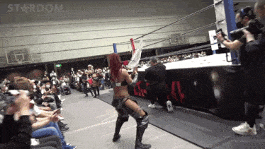 a woman in a wrestling ring with the word stardom behind her
