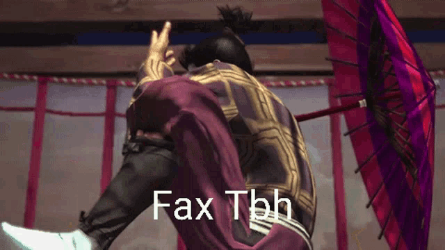 a video game character with an umbrella and the words fax tbh