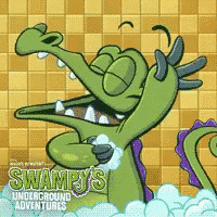 a cartoon of swampy 's underground adventures with a crocodile taking a bath