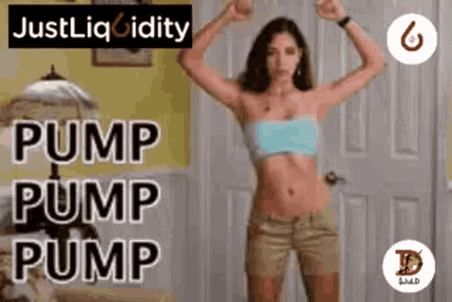a woman is standing in front of a door with her arms in the air and the words pump pump pump