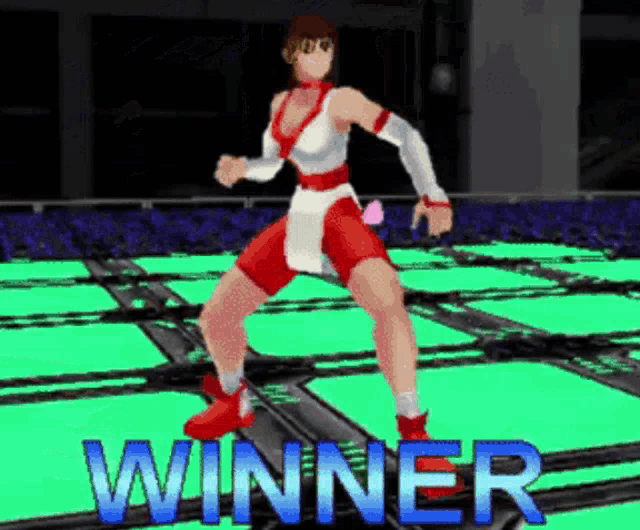a video game character is standing on a stage with the word winner in blue letters