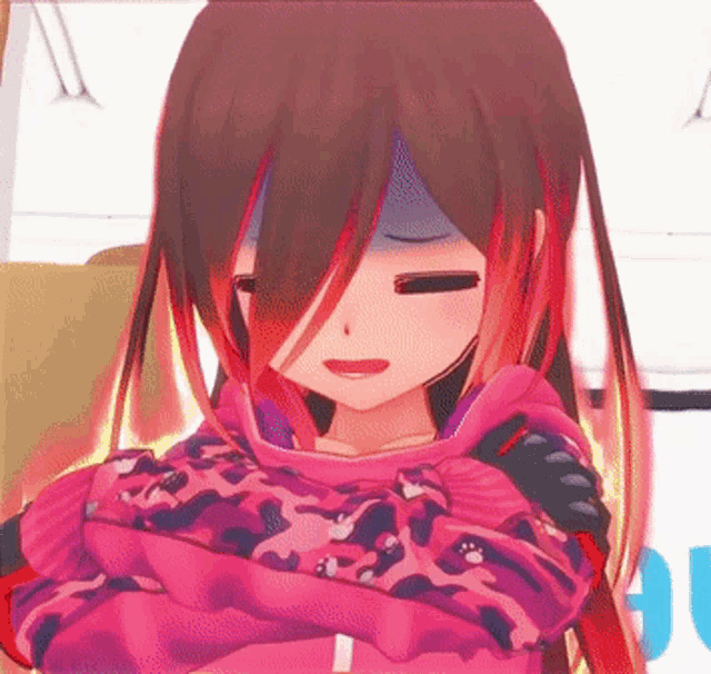 a girl with long red hair is wearing a pink sweater