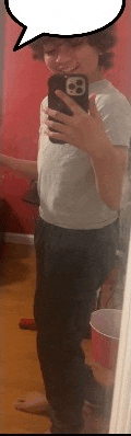 a person is taking a selfie in front of a mirror with a speech bubble above their head .