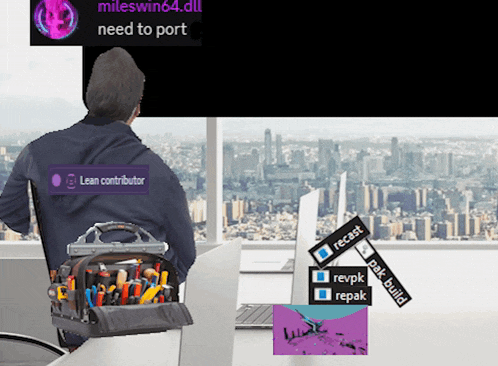 a man with a tool bag on his back is looking out a window with a sign that says lean contributor