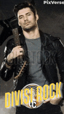 a man in a black leather jacket is holding a guitar in front of a poster that says division 6