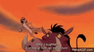 a cartoon pig is standing next to a dog and saying `` why i oughta let me at him let me at him ''