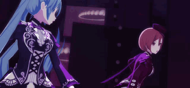 two anime girls are standing next to each other and one has a purple hat on