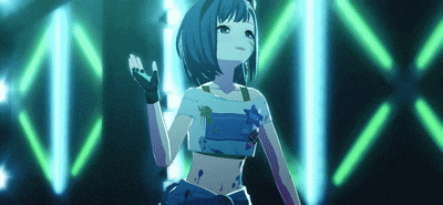 a girl in a blue crop top is dancing on a stage in front of a crowd .