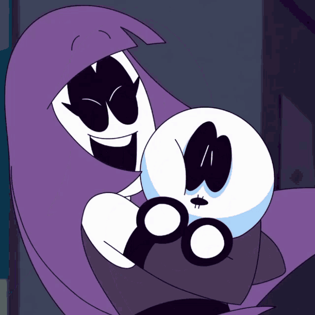 a cartoon character with a purple cape is holding a smaller character