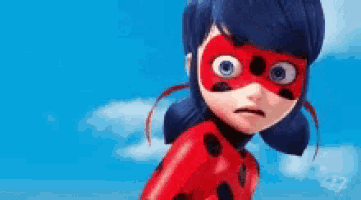 a ladybug from miraculous ladybug is wearing a red and black costume and mask .