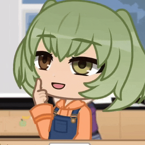 a cartoon girl with green hair is sitting at a desk