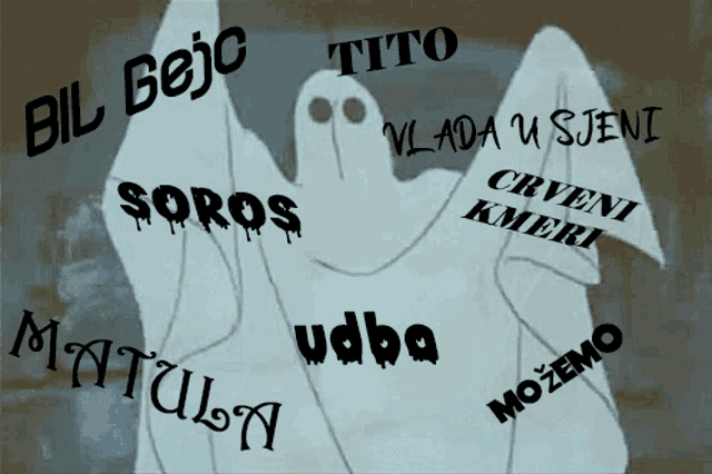a drawing of a ghost with foreign writing around it including tito