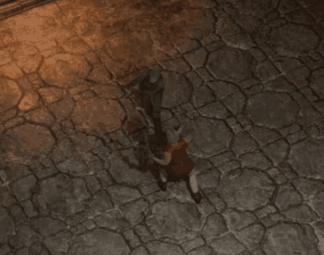 an aerial view of a man holding another man 's arm in a video game