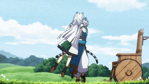 a couple of anime characters hugging in a grassy field