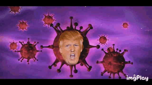 a cartoon of donald trump surrounded by red viruses with a purple background