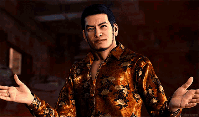 a man in a floral shirt has his hands outstretched
