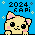 a pixel art of a cat on a blue background with the year 2024 written below it .