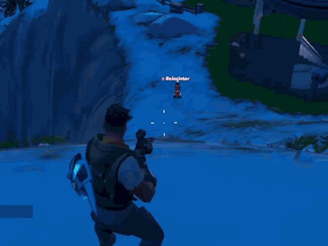 a man in a video game is holding a gun and has the name rainginter on his back .
