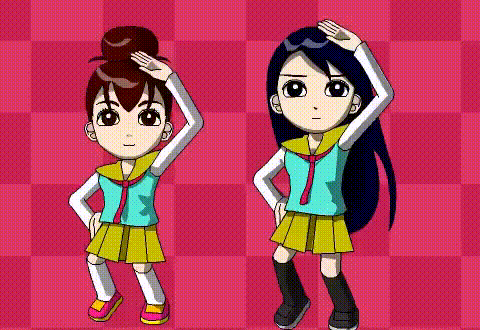 two girls in school uniforms are standing next to each other on a pink checkered background