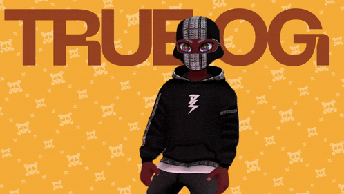 a man in a black hoodie stands in front of a yellow background that says tru ogi on it