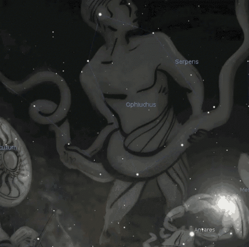 a drawing of a man with a snake around his waist and the name ophiuchus on the bottom