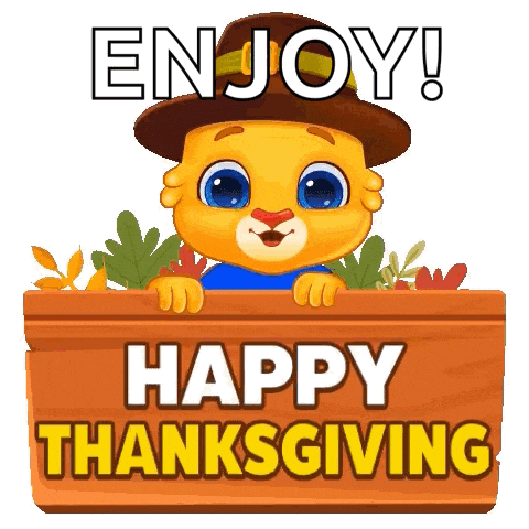 a cartoon cat wearing a hat is peeking over a wooden sign that says `` enjoy ! happy thanksgiving '' .