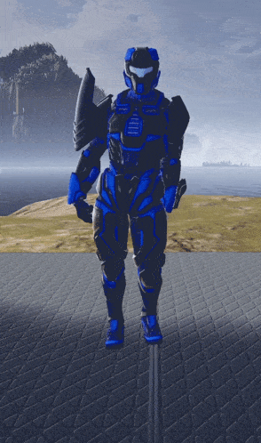 a man in a blue and black armor stands on a tiled floor in front of a body of water