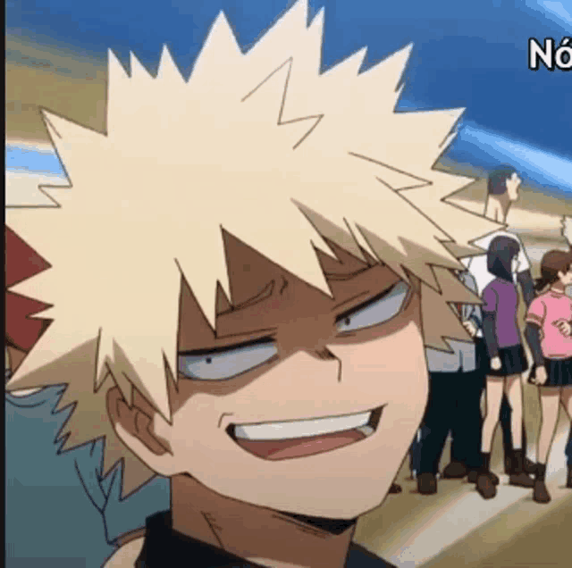 a cartoon character with blonde hair is smiling in front of a crowd of people