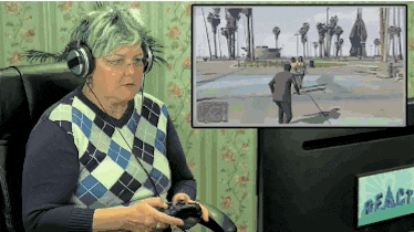 a woman wearing headphones is playing a video game on a monitor that says react