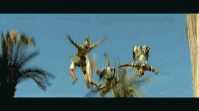 a group of people doing a handstand in front of palm trees