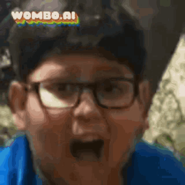 a close up of a boy wearing glasses with wombo.ai written on the top