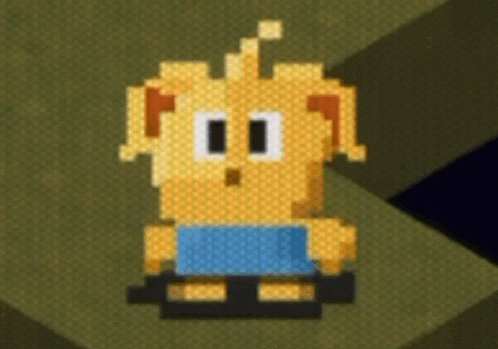 a pixel art of a cartoon character with a surprised look on his face .