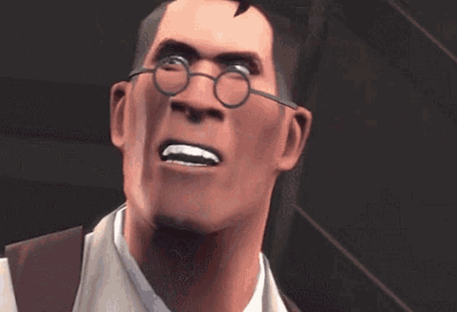 a close up of a cartoon character making a funny face while wearing glasses .