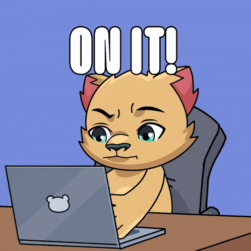 a cartoon cat sitting at a desk with a laptop and the words on it