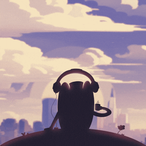 a cartoon character wearing headphones holding a cup of coffee