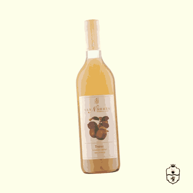 a bottle of van nahmen topaz apple juice on a white background