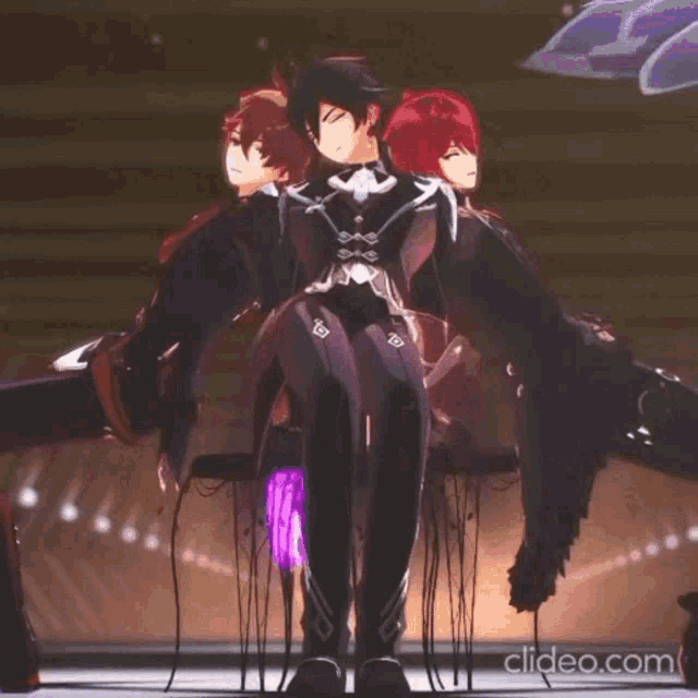 a group of anime characters are standing next to each other in a room .