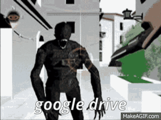 a cartoon of a monster walking down a street with the words `` google drive '' written on it .